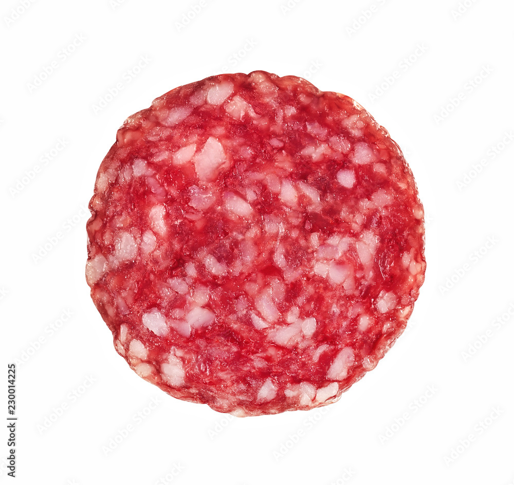 .Slices of salami. Isolated on a white background. sausage cut.uncooked smoked.. .Slices of salami. Isolated on a white background. sausage cut.uncooked smoked..