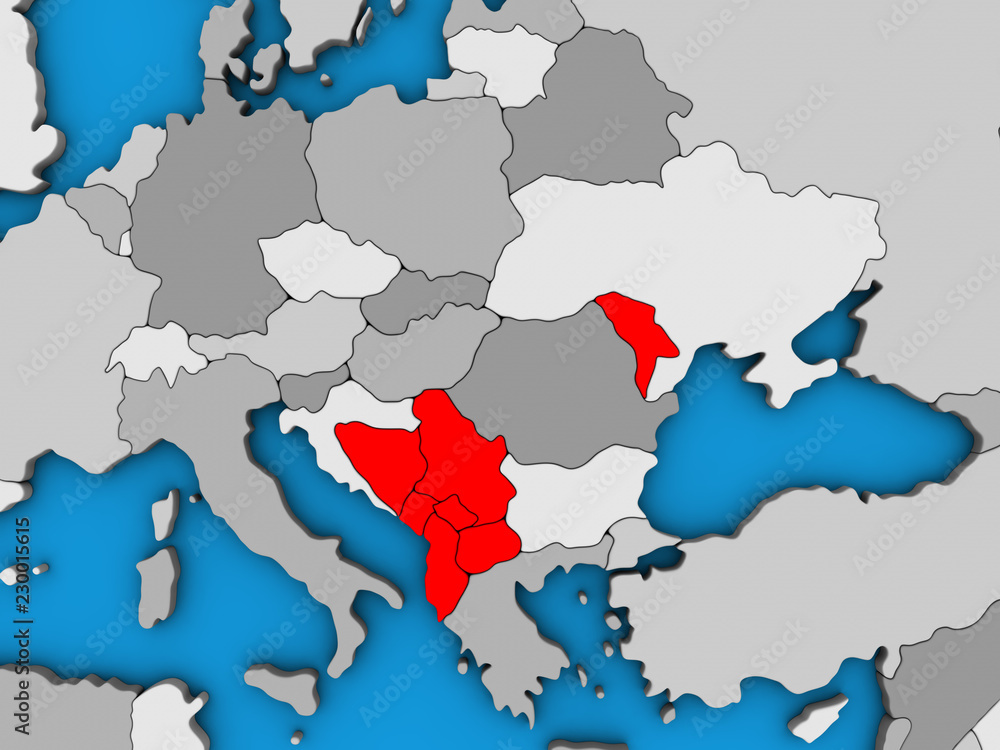 CEFTA countries on blue political 3D globe.