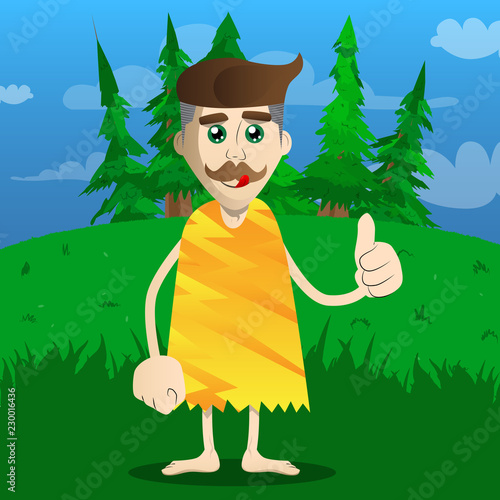 Cartoon caveman making thumbs up sign. Vector illustration of a man from the stone age.