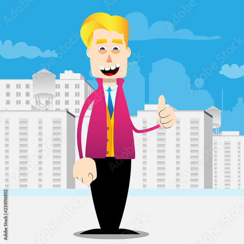 Funny cartoon man dressed for winter making thumbs up sign. Vector illustration.