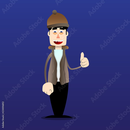 Funny cartoon man dressed for winter making thumbs up sign. Vector illustration.