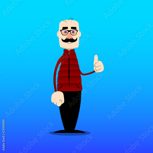 Funny cartoon man dressed for winter making thumbs up sign. Vector illustration.