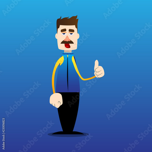 Funny cartoon man dressed for winter making thumbs up sign. Vector illustration.
