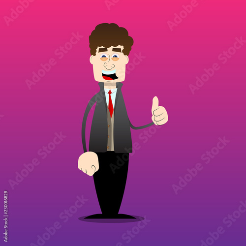 Funny cartoon man dressed for winter making thumbs up sign. Vector illustration.