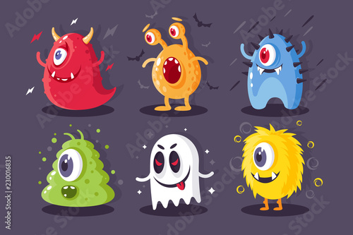 Collection monsters with electrical, toxical, frost, horrible elements for halloween.