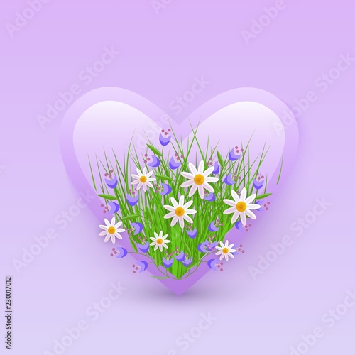Vector illustration of floral decorative element in heart shape - tender white camomiles and little blue wildflowers in badge isolated on gradient violet background for romantic design.