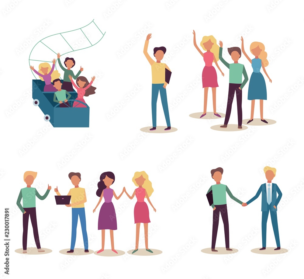 Teamwork set with smiling successful people waving hands and showing okay gesture and team riding together on roller coaster in flat vector illustration isolated on white background.