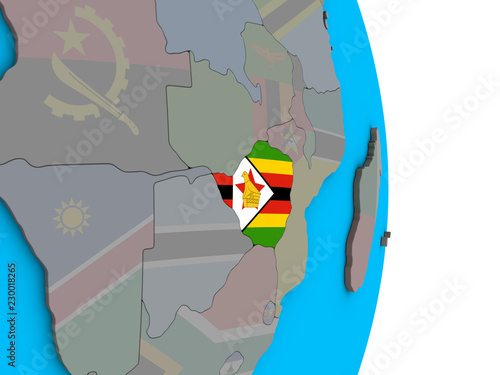 Zimbabwe with embedded national flag on simple political 3D globe.