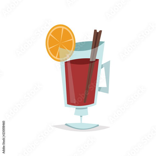 Cartoon vector illustration of mulled wine with orange slice and cinnamon stick.