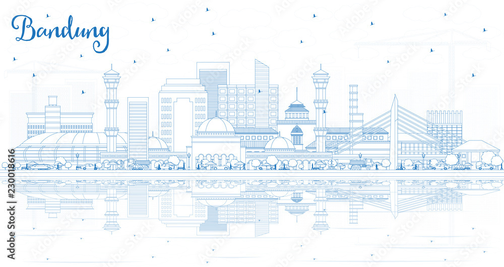 Outline Bandung Indonesia City Skyline with Blue Buildings and Reflections.