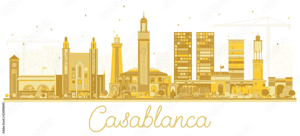 Casablanca Morocco City Skyline Silhouette with Golden Buildings.