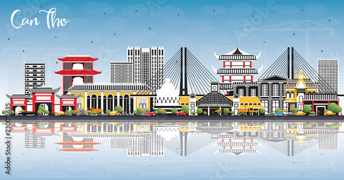 Can Tho Vietnam City Skyline with Gray Buildings, Blue Sky and Reflections.