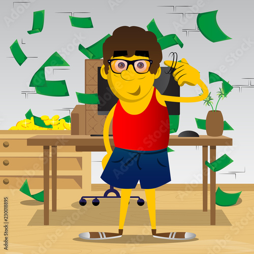Yellow man shows a you're nuts gesture by twisting his finger around his temple. Vector cartoon illustration.