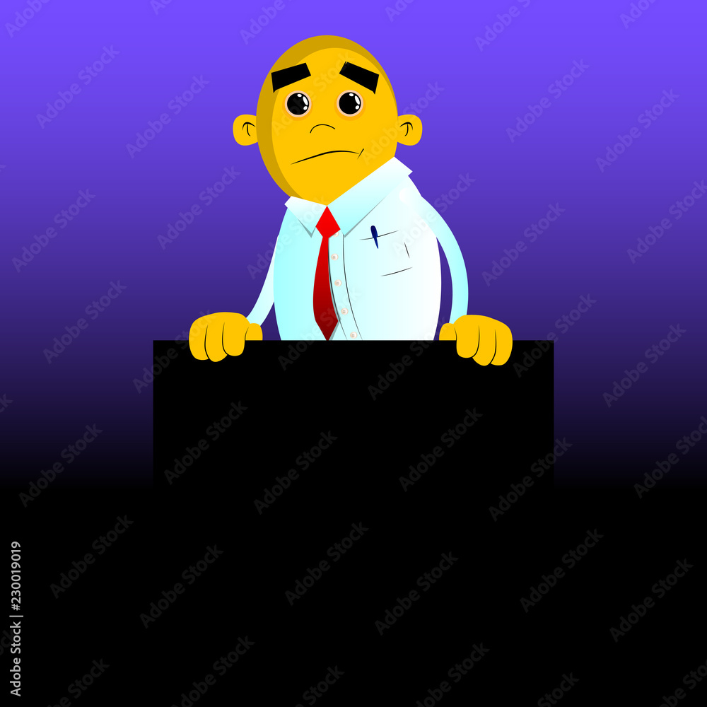 Obraz premium Yellow man holding blank black sign. Vector cartoon illustration.