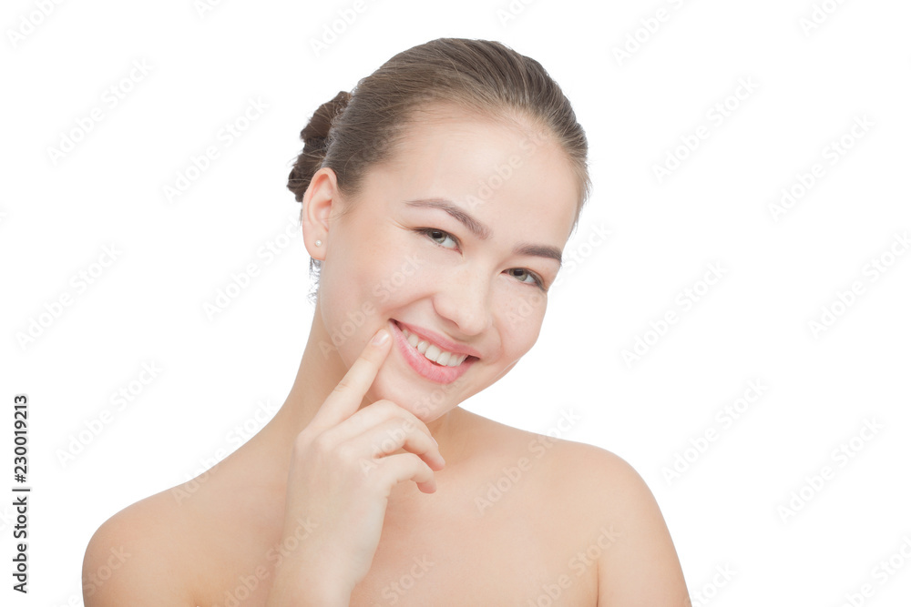 beautiful girl with clean skin isolated on white background with copy space smiling beautiful girl with clean skin isolated on white background with copy space smiling