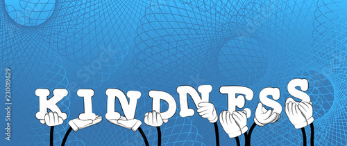 Diverse hands holding letters of the alphabet created the word Kindness. Vector illustration.