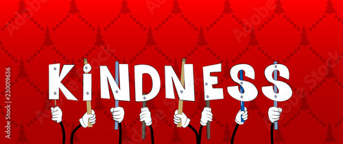 Diverse hands holding letters of the alphabet created the word Kindness. Vector illustration.