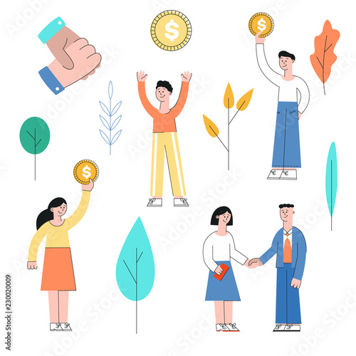 Vector illustration set of business financing and income concept with people shaking hands and holding golden dollar coins isolated on white background in modern flat style.