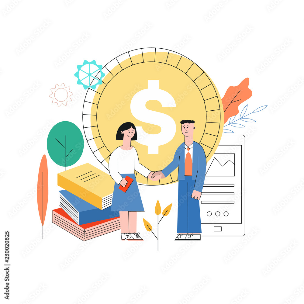 Vector business success concept with woman, man shaking hands on background of books pile, smartphone screen, golden coin with dollarsign, gear and florals. Cooperation and partnership symbol Vector business success concept with woman, man shaking hands on background of books pile, smartphone screen, golden coin with dollarsign, gear and florals. Cooperation and partnership symbol