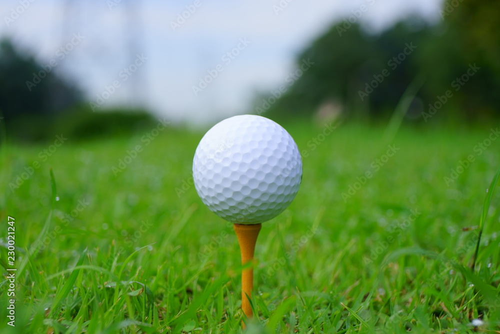 Golf ball and tee on golf green course background Golf ball and tee on golf green course background