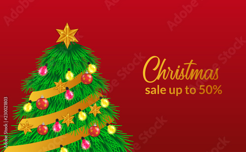 Christmas sale banner template with illustration of tree with decoration