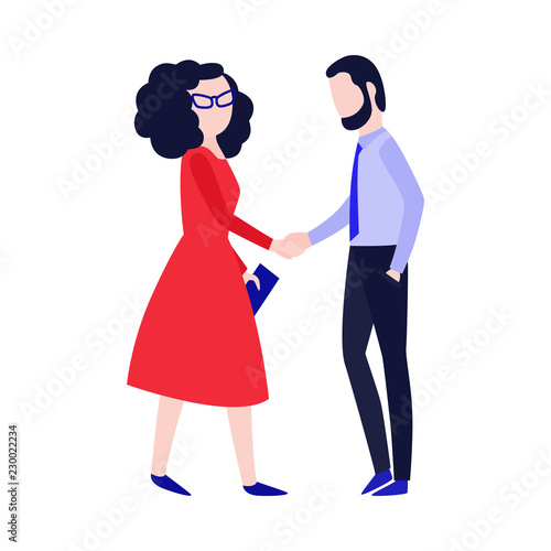 Vector flat business man and woman shaking hands. Office male, female workers, managers or employee expressing sign of successful cooperation, job interview, teamwork or business deal.