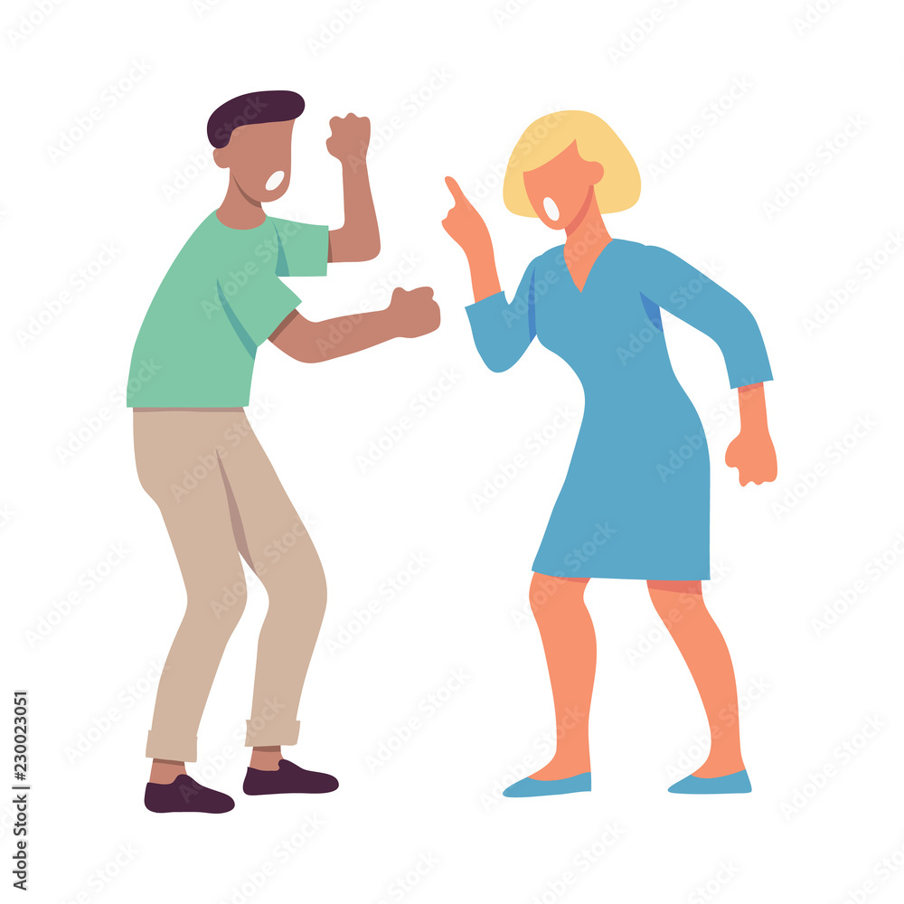 Vector illustration of quarrelling and shouting people clenching their fists in flat style isolated on white background. Screaming angry male and female characters having conflict. Vector illustration of quarrelling and shouting people clenching their fists in flat style isolated on white background. Screaming angry male and female characters having conflict.