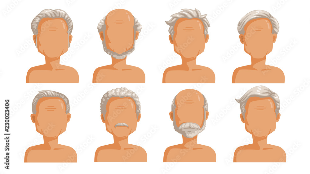 Elderly man hair. Grey hair set of men cartoon hairstyles. Beard and