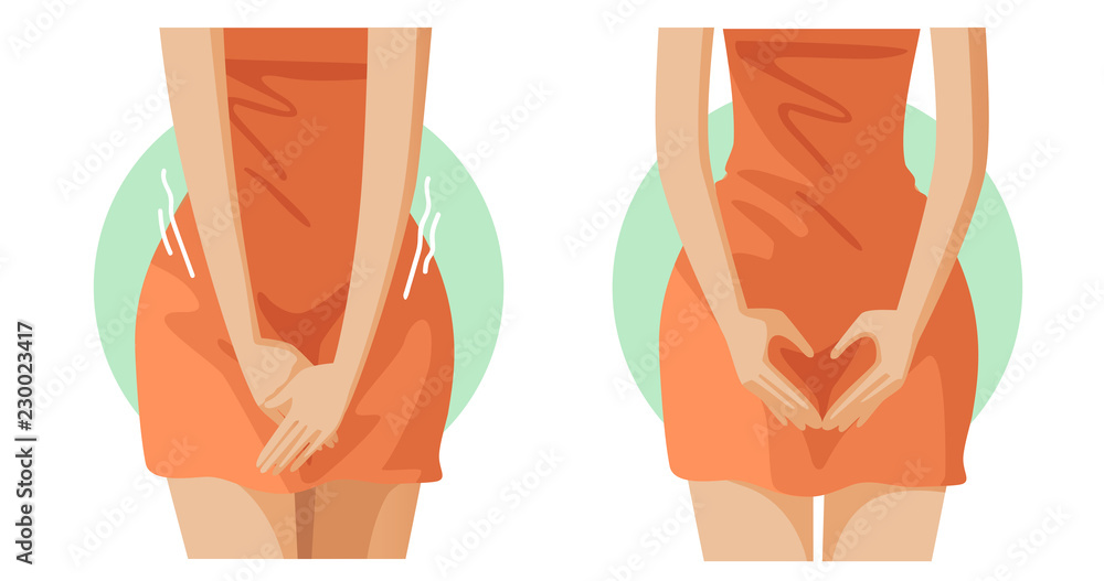 Groin of female. Feminine Hygiene. woman with hands over her crotch. Close  up view of young