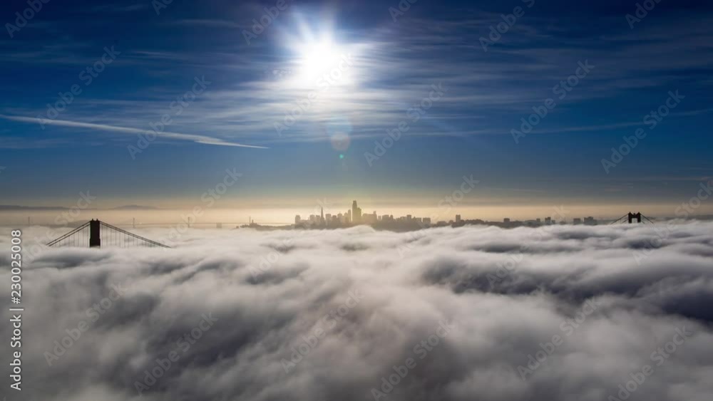Aerial San Francisco Golden Gate Bridge Low Fog Morning Light Time Lapse Aerial San Francisco Golden Gate Bridge Low Fog Morning Light Time Lapse