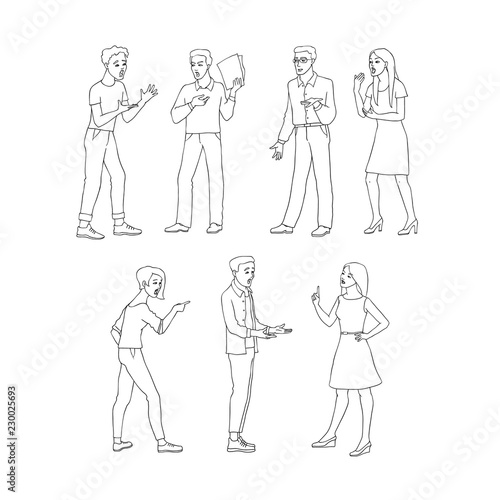 Argue vector illustration set with conflicting aggressive young men and women in sketch style isolated on white background. Misunderstanding of disputing male and female characters.