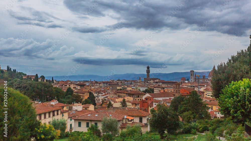 View of the historic city of Florence, Italy, viewed from Piazzale Michelangelo