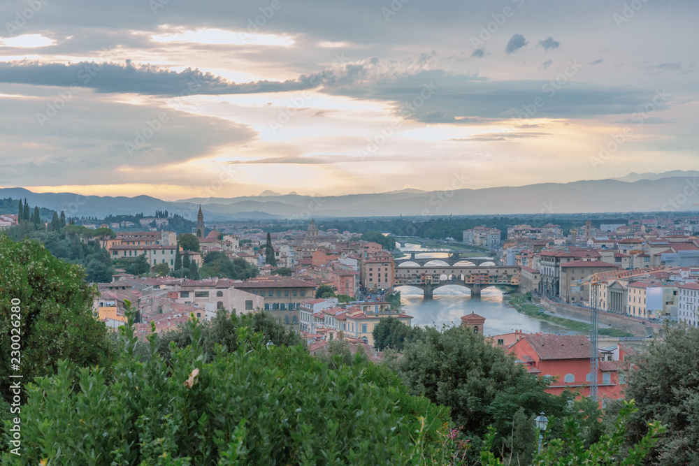 View of the city of Florence, Italy under sunset, viewed from Piazzale Michelangelo