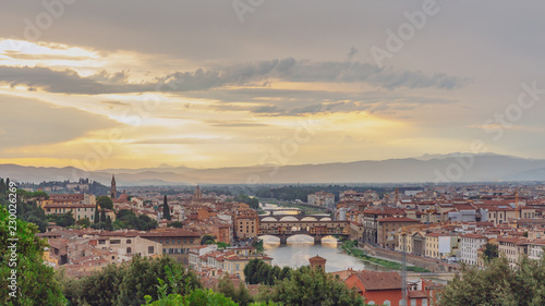 View of the city of Florence, Italy under sunset, viewed from Piazzale Michelangelo