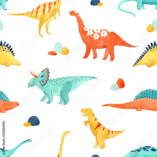 Fototapeta Naklejka Na Ścianę i Meble -  Watercolor dinosaur baby pattern