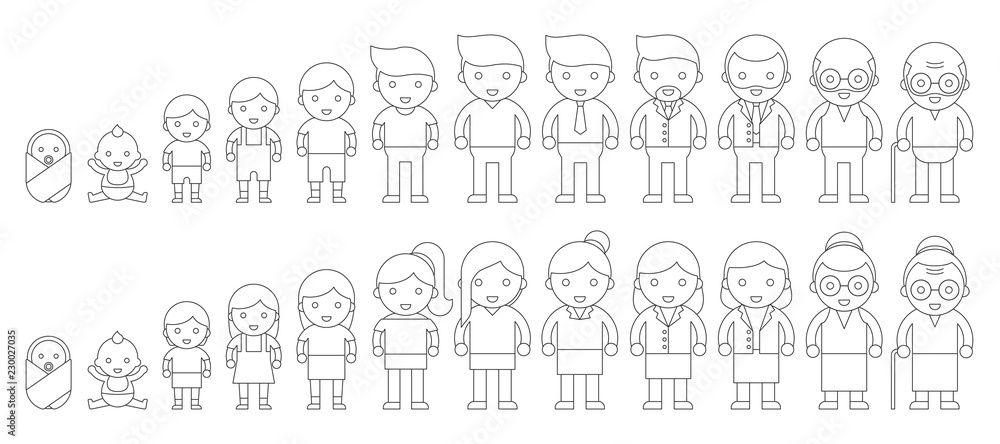 human life cycle of male and female from newborn, children,teenage, adult, middle age and retired human life cycle of male and female from newborn, children,teenage, adult, middle age and retired