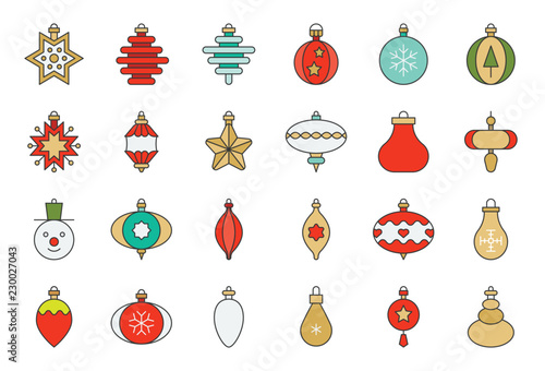 Christmas ball ornaments icon set 1, flat design outline editable stroke