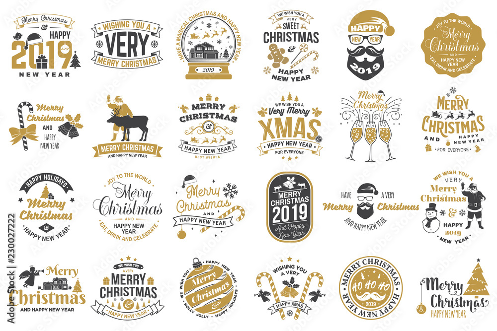 Plakat Set of Merry Christmas and Happy New Year stamp, sticker set with snowflakes, hanging christmas ball, santa hat, candy.