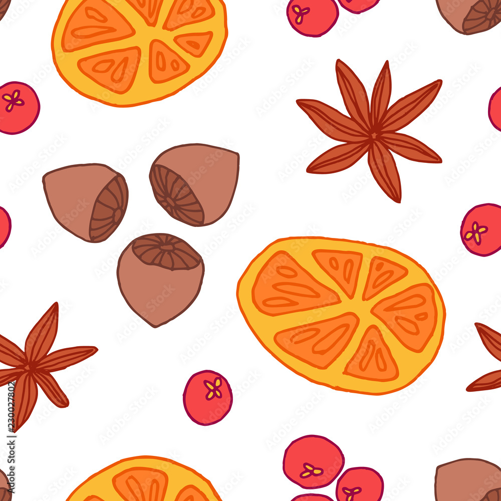 Seamless christmas pattern with oranges, nuts, berries and spice Seamless christmas pattern with oranges, nuts, berries and spice