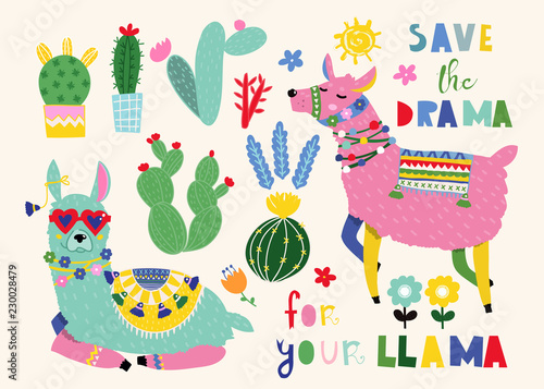 Save the drama for your llama. Cute llamas and cacti. Colored vector set. All elements are isolated