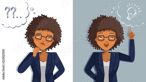 Business woman thinking. Emotions and gestures. Think not, do not understand, Think out. Concept The sharpness of the vision superior to competitors. Contradictory emotions.  illustrations vector. 