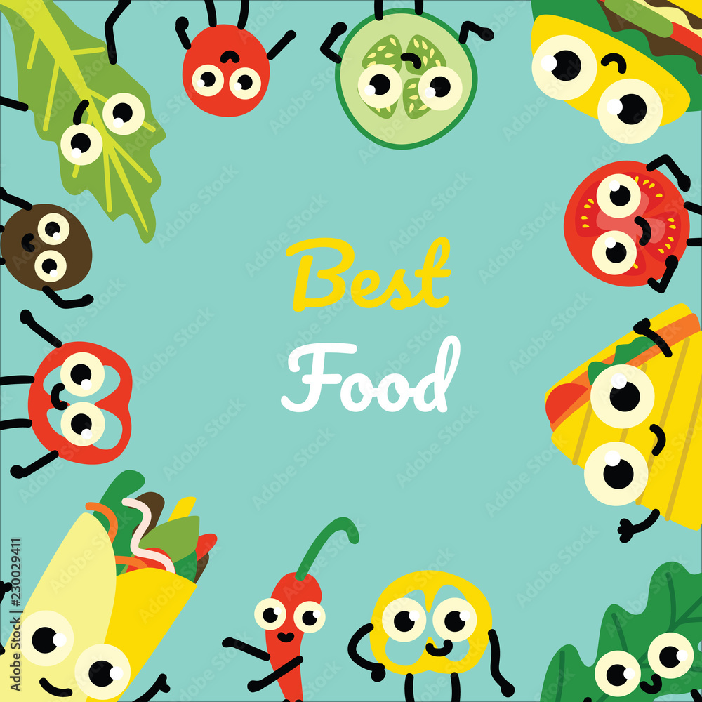 Naklejka premium Vector illustration of fast food and vegetables border frame - cute emoticons of various meals and ingredients with smiling faces in flat style on green background with copy space.
