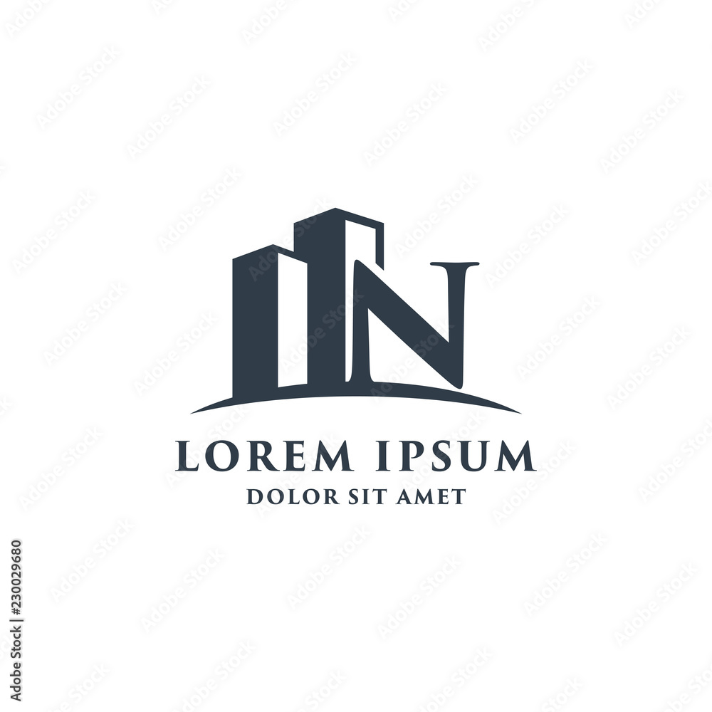 Letter N Building With Swoosh Logo Design Template. Letter N Building With Swoosh Logo Design Template.