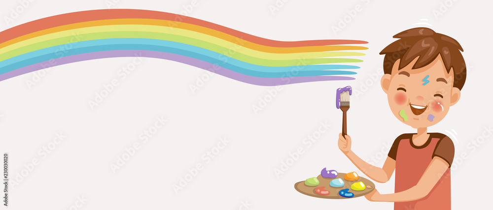 boy painting Cute little boy painting acrylic paint rainbow on wall. Smiley multi-color stain on the face holds the brush and holds the colored tray with a varicolored. Cartoon vector illustration Stock boy painting Cute little boy painting acrylic paint rainbow on wall. Smiley multi-color stain on the face holds the brush and holds the colored tray with a varicolored. Cartoon vector illustration Stock