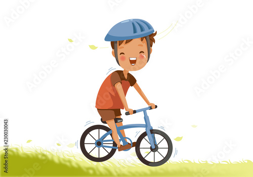 Boy riding bike Little Boy a bicycle on green pasture. Child cycling outdoors in helmet. Posture kid riding bikes in nature. cartoon riding bicycle on path. Vector illustrations isolated 