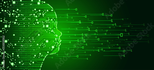Big data and artificial intelligence concept. Machine learning and cyber mind education concept in form of child face outline with circuit board and binary data flow on green background.