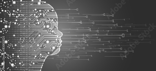Big data and artificial intelligence concept. Machine learning and cyber mind education concept in form of child face outline with circuit board and binary data flow on silver background.