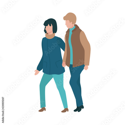 Vector couple walking holding hands at autumn in warm outdoor clothing - coats and scarf. Young man and woman dating outdoors together. Illustration with male and female characters at romantic walk