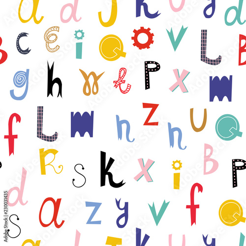 Hand drawn colored alphabet. Vector seamless pattern