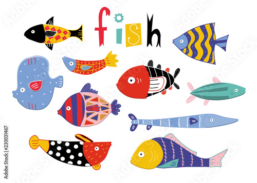 Hand drawn various fish. Colored vector set. All elements are isolated